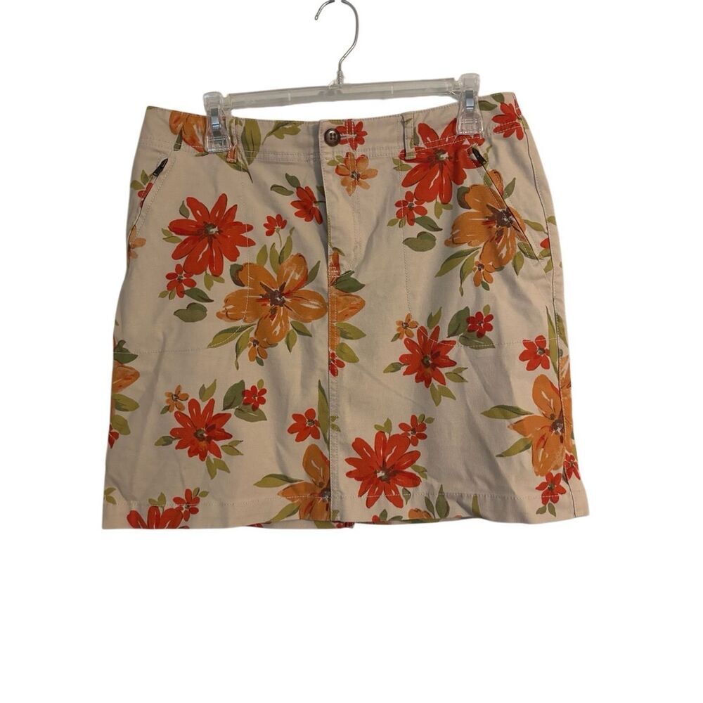 Women’s Eddie Bauer SZ 10P Mini Skirt Floral Khaki Pockets Mature Hawaiian